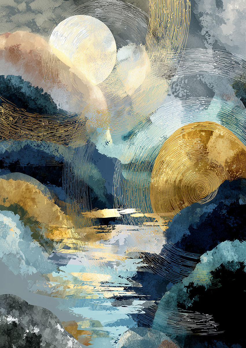 Artistic depiction of an abstract celestial landscape with soft colours and fluid shapes.